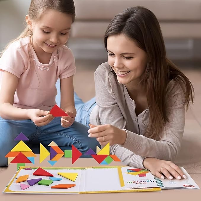FOOZZILLA Magnetic Tangram Puzzle Set - 2 Sets of Magnetic Pattern Blocks for Road Trip Games and Educational Jigsaw Challenges - Brain-Teasing Fun for Kids and Adults with 368 Solutions