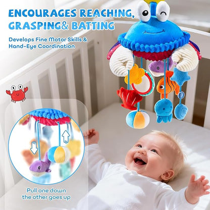 Hanging Activity Toy for Car Seat, Stroller, Crib & Play Gym, Sensory Crab Plush Toy for Babies 0-12 Months, Tummy Time, Motor Skills Development, Montessori Toy with Mirror, Rattle & Teether
