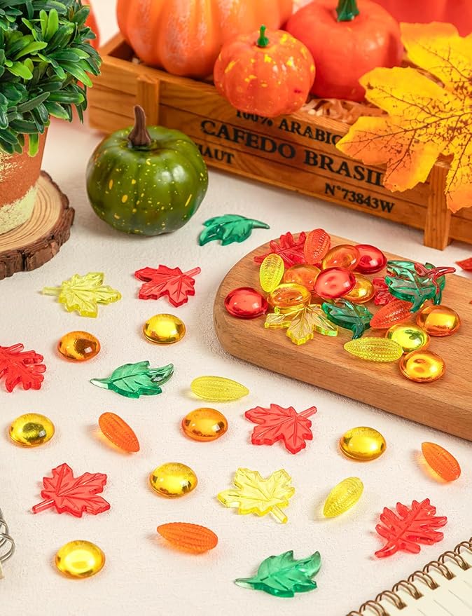 300Pcs Thanksgiving Vases Filler, Mini Acrylic Maple Leaves Corn Gem for Fall Table Centerpieces Decorations