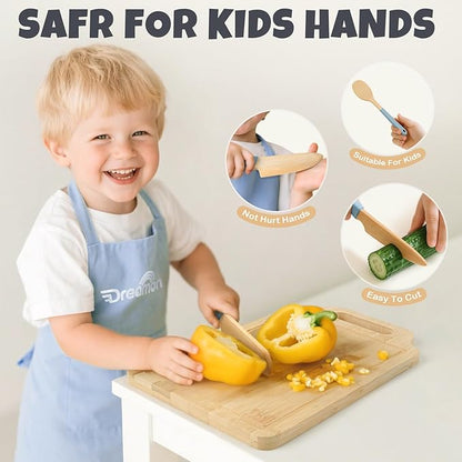 29 PCS Wooden Kids Cooking Set, Toddler Montessori Cooking & Baking Kitchen Tools for Real Cooking, 3 Knifes, Real Cutting Board, Apron, Kid Safe Kitchen Utensils for 3+ Year Old Boys Girls Gift