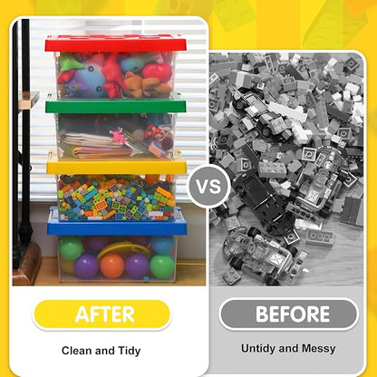 Vicenpal 4 Pack Toy Storage Containers with Lids Brick Shaped Kids Toy Organizer Box Plastic Clear Stackable Bin Chest for Building Block Dolls(Large,Red, Yellow, Blue, Green)