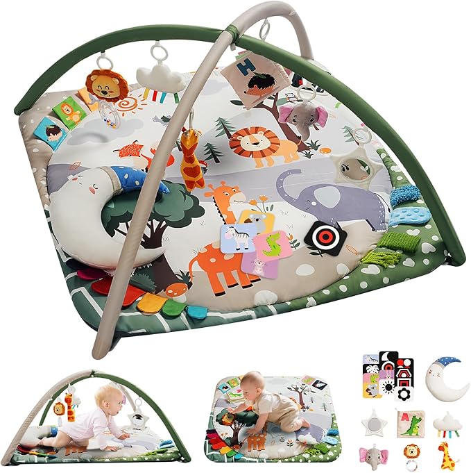 Baby Play Gym with 4 Developmental Zones – Tummy Time Mat & Activity Mat with 6 Sensory Toys, Visual Cards & Pillow – Baby Essentials & Ideal Gift for Newborns
