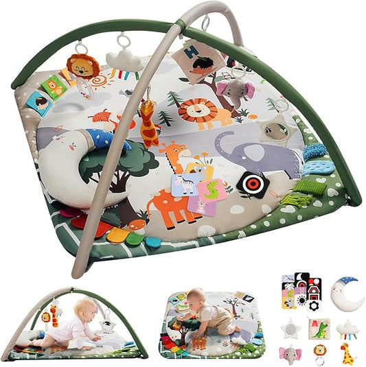 Baby Play Gym with 4 Developmental Zones – Tummy Time Mat & Activity Mat with 6 Sensory Toys, Visual Cards & Pillow – Baby Essentials & Ideal Gift for Newborns