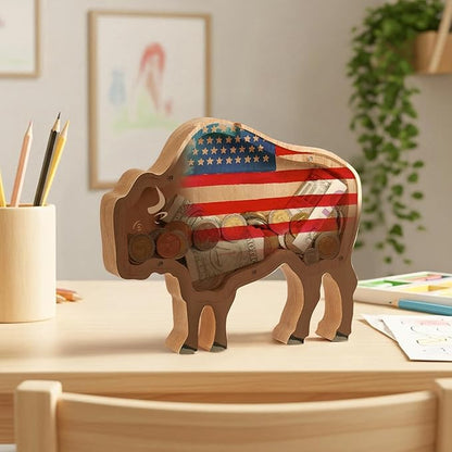 Wooden Bison Piggy Banks for Kids Money Coin Bank, Cute Unbreakable Piggy Bank Kids Safe Money Box, Toddler Birthday Baptism Gifts for Girls Boys Bull Cow Lovers