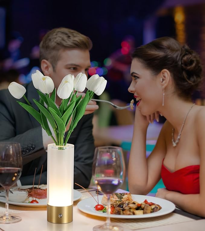Flower Night Light,Touch Vase Lamp,Rechargeable Cordless Table Lamp,Dimming Small Mood Lighting for Dining Table/Bed Room/Bathroom/Closet,Gifts for Women/Mom, Artificial Tulips Included