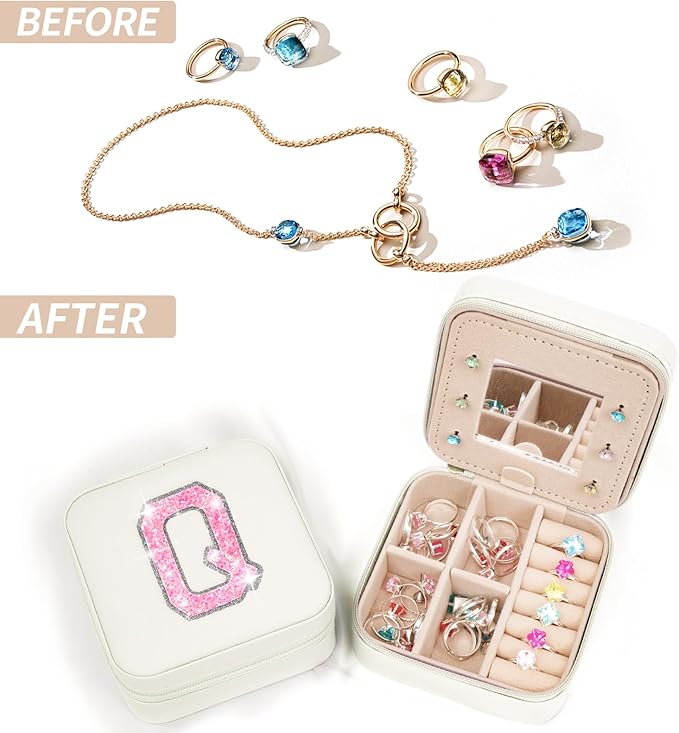 Personalized Jewelry Case for Women Girls - Fashion Mini Jewelry Boxes - Trendy Travel Jewelry Organizer with Initials Letter - Teen Gifts | Cream,Q