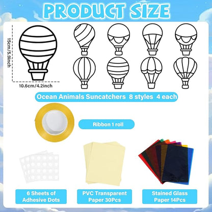 QOUBAI 32 Sets Air Balloons Suncatchers Craft Kit DIY Window Stained Glass Effect Hot Air Balloons VBS Paper Craft Home School Classroom Decoration Kid Birthday Gift Creative Art Project Activity Game