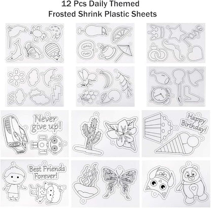 Auihiay 146 PCS Heat Shrink Plastic Sheet Kit Include 20 Shrink Paper with Christmas or Daily Pattern & 3 Blank Shrink Film Paper, Hole Punch, Keychains, Pencils for Kids Craft School Project