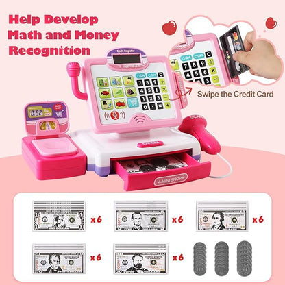 Play Calculator Cash Register Toy Gift for Kids Girls Age 3, 4, 5, 6, 7, 8+ Year Old, 57 Pcs Pink Pretend Grocery Store Playset, Incl Microphone, Credit Card, Scanner, Fake Food, Play Money for Kids