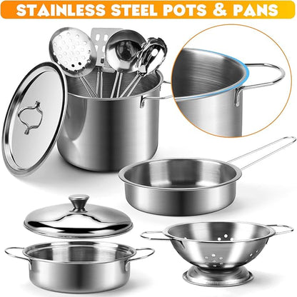 Tigerhu 26PCS Play Kitchen Accessories, Kitchen Pretend Play Cooking Toys w/ Stainless Steel Cookware, Apron & Chef Hat,Pots and Pans Set, Cutting Foods, Great Learning Gifts for Toddler & Boys Girls