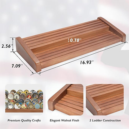 8 Rows Solid Wood Challenge Coin Display Stand - Military Holder for Up to 60-70 Coins - Ideal Rack for Army Navy Marine Corps Law Enforcement Collectors, Walnut Finish