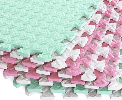 36 Tiles Foam Play Mat for Baby, 0.4 Inch Thick Foam Interlocking Floor Mats, Soft Non-Toxic Baby Playmat, Solid Colored Puzzle Play Mat Kids Floor Mats for Toddler(White/Pink/Bean Green)