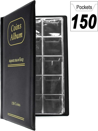 150 Pockets Coin Album, Penny Collecting Book, Souvenir Coins Collection Holder, Ideal for Pressed Pennies Passport, Hobby Coin Collector, Money Specie Display Storage Case (Black)