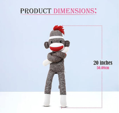 Adorable Sock Monkey, The Original Traditional Hand Knitted Stuffed Animal Toy Gift-for Kids, Babies, Teens, Girls and Boys Baby Doll Present Puppet (20" Brown)