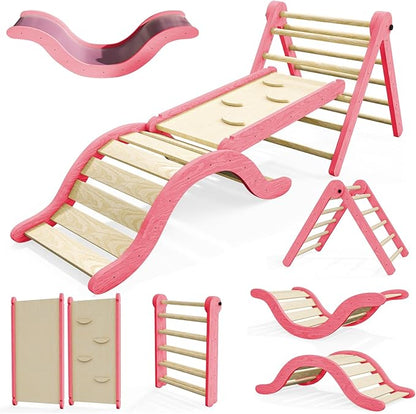 Pikler Triangle Set Climber 5 in 1, Toddler Climbing Toys Indoor Folding with Ramp & Arch & Mat for Montessori Play Gym for Toddlers and Kids (Pink)(105" Wx25 Dx31.5 H)