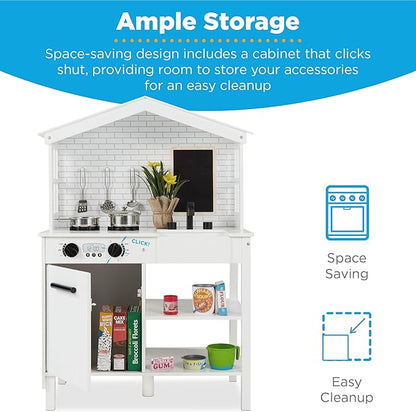 Best Choice Products Farmhouse Play Kitchen Toy, Wooden Pretend Set for Kids w/Chalkboard, Marble Backdrop, Windows, Storage Shelves, 5 Accessories Included - White