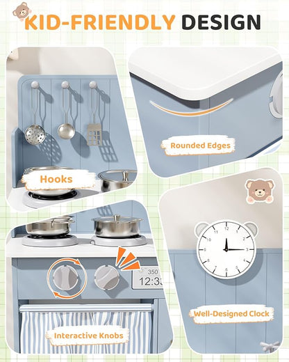 MAMIZO Kids Kitchen Playset with Ample Storage, Interactive Play Kitchen with Simulated Gas Cooker, Clicking Knobs, Sink, Faucet, 6 Pcs Cookware, Educational Clock for Toddlers (Blue)