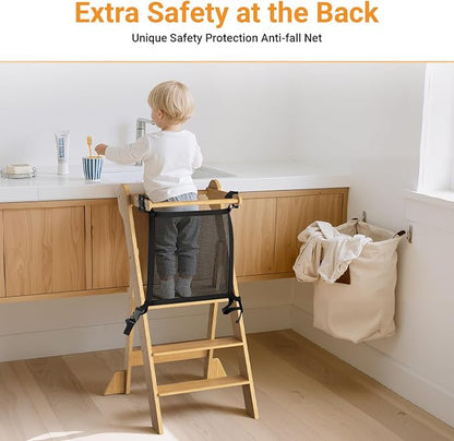 COSYLAND Foldable Toddler Kitchen Stool Helper - Height Adjustable Standing Tower for Bathroom Sink or Kitchen Counter - Step Stool for Toddlers Ages 18 Months to 6 Years Natural