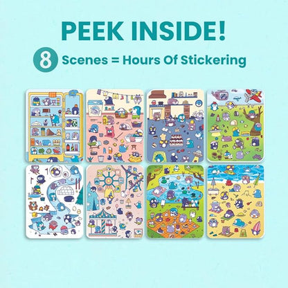 Cupkin Penguin Sticker Book Activity for Kids, Toddler Airplane Travel Essentials, 300+ Animal Stickers for Kids + 8 Scenes + Coloring Book Pages, Penguin Children's Gift, Crafts Ages 2-8