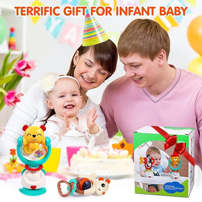 Baby Toys 6-12 Months Infant Toy Set of 3 High Chair Suction Cup Rattle Teething Toys for Babies 6 7 9 12-18 Months 2-in-1 Sensory Development Tray Toy Baby Gifts for Boys Girls