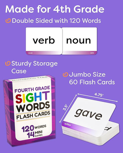 Sight Words Flash Cards 4th Grade - 120 High Frequency Words from Dolch's and Fry's Lists for 9-10 Years