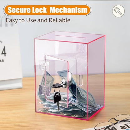 Hicocool Clear Piggy Bank with Lock, Acrylic Piggy Bank for Adults Kids Openable, Reusable Money Saving Box with Key for Birthday (Pink)