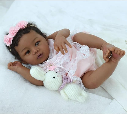 Reborn Baby Doll Black Girl – 18-Inch Realistic Lifelike African American Newborn Handmade Doll with Real Life Soft Weighted Body and Accessories – Gift for Kids Ages 3 and Up