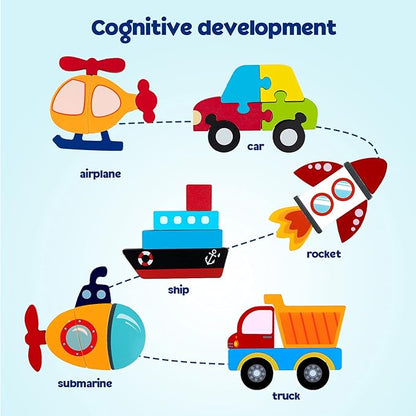 SYNARRY Wooden Vehicle Puzzles for 3 4 5 Years Old Boys Girls, Puzzles for Toddlers 3-5, Montessori Educational Toys Gifts with 6 Vehicles Transportation, Vibrant Color Shapes