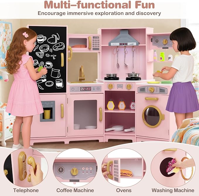 HONEY JOY Corner Play Kitchen, Large Wooden Pretend Toy Kitchen Set w/Lights, Ice & Coffee Maker, Range Hood, Chalkboard, Microwave, Cookware, Little Chef Kids Kitchen Playset for Toddlers (Pink)