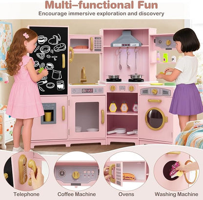 HONEY JOY Corner Play Kitchen, Large Wooden Pretend Toy Kitchen Set w/Lights, Ice & Coffee Maker, Range Hood, Chalkboard, Microwave, Cookware, Little Chef Kids Kitchen Playset for Toddlers (Pink)