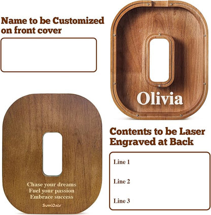 Summidate Customized Name Large Wooden Piggy Bank for Kids Boys Girls Alphabets Letter A-Z Coins Bills Money Change Bank Box Initial on Clear Cover (Laser Engraved) (Alphabet-O, Personalized-12)