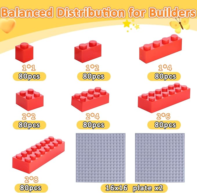 560 Pieces Classic Building Blocks Bulk with 2 Baseplates, Building Bricks in 7 Size and 8 Color, Compatible with All Major Bricks, for Kids & MOC Lovers