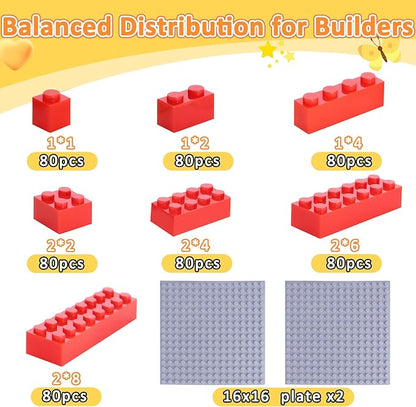 560 Pieces Classic Building Blocks Bulk with 2 Baseplates, Building Bricks in 7 Size and 8 Color, Compatible with All Major Bricks, for Kids & MOC Lovers