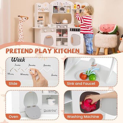 HONEY JOY Corner Play Kitchen, Toddler Wooden Toy Kitchen Set w/Lights, Coffee Maker, Microwave, Sink, Faucet, Little Chef Pretend Play Kids Kitchen Playset for Boys Girls (White)