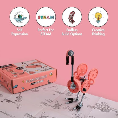 The Off Bits Erector Set: Animal Mini STEM Toys for Kids 6+, Toy Building Sets with Nuts & Bolts, STEM Building Toys Gifts for Boys and Girls (Pink Flamingo)