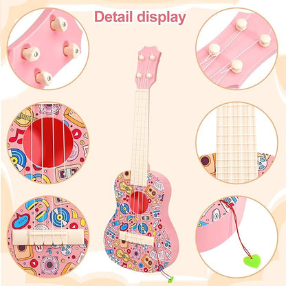 LeeQee 21in Colorful Graffiti Ukulele Guitar for Kids, 4 Strings Kids Guitar Ukulele Musical Instruments Learning Educational Toys with Picks for 3 4 5 6 7 8 9 10 11 12 Toddler Boys Girls (Pink)