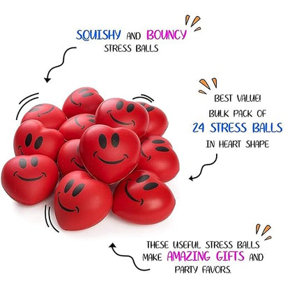 Neliblu Set of 12 Heart Stress Balls - 3-Inch Valentines Stress Balls - Red Squishy Heart Foam Balls - Smiley Face Heart Shaped Stress Balls for Adults - Fun Party Favors and Gifts for Kids