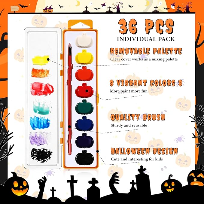 36 Pack Halloween Pumpkin Watercolor Paint Set for Kids 8 Washable Colors with Brushes Water Color Painting Kit for Halloween Painting Kit Gift Party Supplies