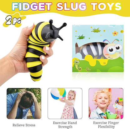 Cevioce Fidget Slug Toy, Sensory Slug Fidget Toy for Kids & Adults, 2 PCS Cute 3D Articulated Sensory Toys - Can Be Spliced, Safe｜Exercise Wrist Strength & Stress Relief, Great Gift for ADHD Autism B