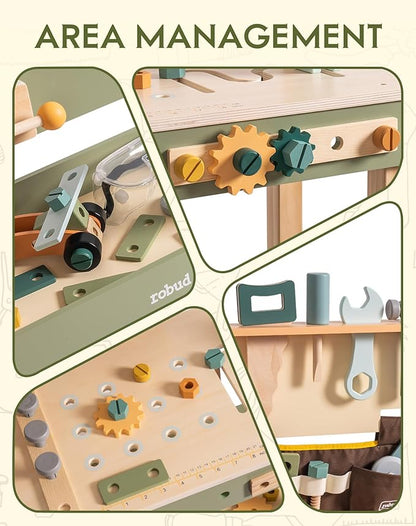 ROBUD Toddler Pretend Play Kids Workbench - Wooden Construction Toy with Tool Belt, Goggles, and Accessories for Creative Assembly - Suitable for Children Age 3+