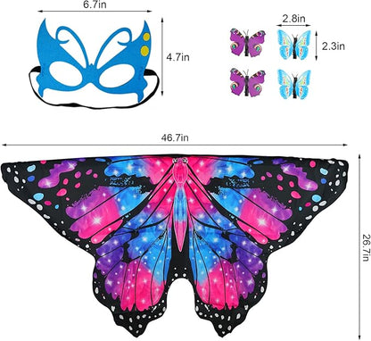 Butterfly Costume for Girls Fairy Wings Kids 4 Pcs(Cape,Skirts,Masks,Hair Clips) Butterfly Wings for Halloween Gifts
