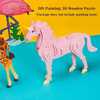 Georgie Porgy 3D Wooden Puzzles for Kids Toys Construction Woodcraft Kits DIY Model Puzzle Kits Birthday Gifts Pack of 6 (Bee Owl Butterfly Unicorn Sea Turtle Dolphin)