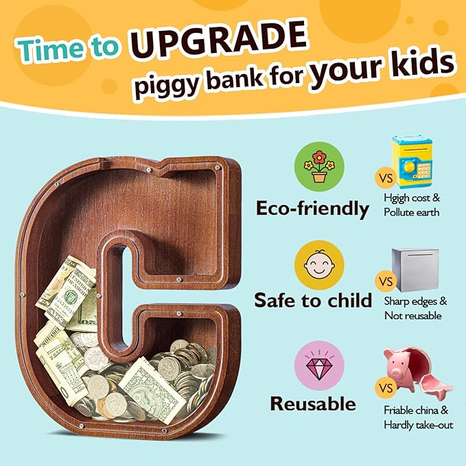 Summidate Large Wooden Piggy Bank for Kids Adults, Alphabets Letter A-Z Piggy Bank for Boys Girls, Coins Bills Change Bank Box Personalized Initial Name Kids Money Bank for Birthday Present and Decor