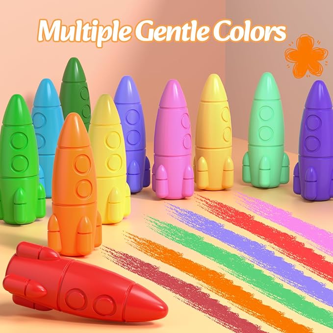 12 Colors Crayons for Toddlers, Non-Toxic Washable Rocket Crayons, Easy-to-Hold Coloring Gifts & Mess-Free Art Supplies for Little Hands