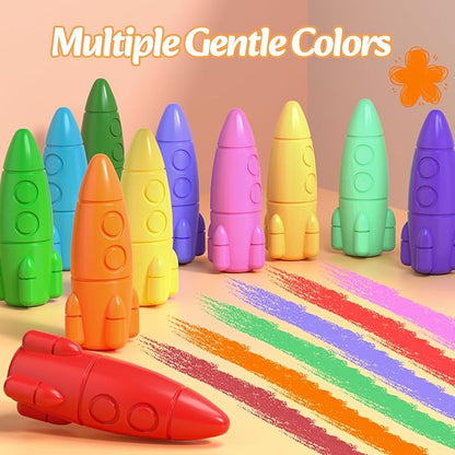 12 Colors Crayons for Toddlers, Non-Toxic Washable Rocket Crayons, Easy-to-Hold Coloring Gifts & Mess-Free Art Supplies for Little Hands