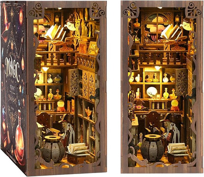 Book Nook Kit - DIY Miniature Dolls House Kit with Furniture and LED Light, 3D Puzzle Wooden Art Bookends, Model Kits for for Adults and Teens (Magic Night)