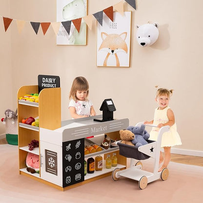 HONEY JOY Kids Grocery Store Playset, Wooden Play Store with Shopping Cart, Toddler Supermarket Checkout Stand w/Blackboard, Display Shelves, Grocery Store Pretend Play, Gift for Boys Girls, Natural