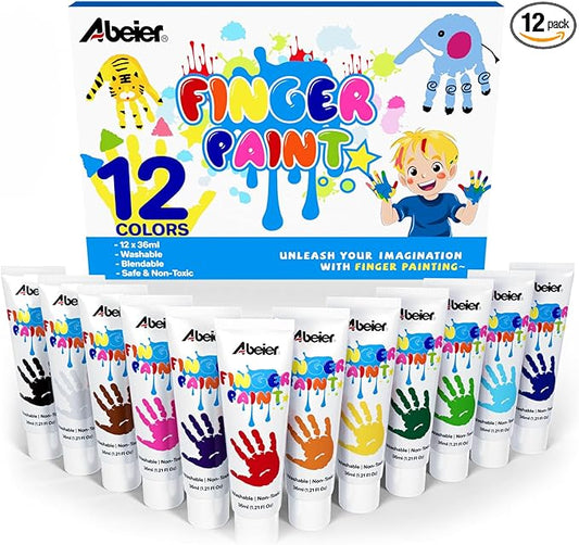 ABEIER Washable Finger Paint for Toddlers, Safe Non-Toxic, 12 Vibrant Colors (1.21fl oz), Baby Safe Paint for Hand and Feet, Mess Free Art Supplies for Kids, Preschool Learning Gifts, Ages 1-3 4 5 6+