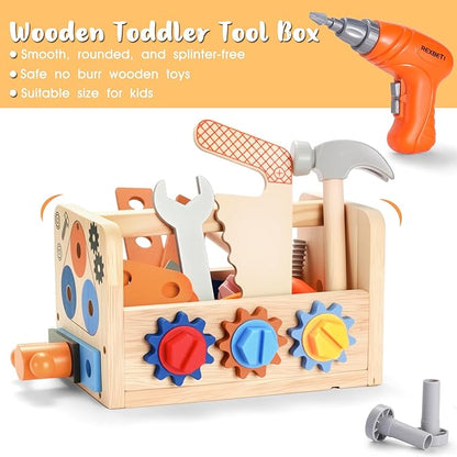 REXBETI Kids Tool Set, 43Pcs Wooden Toddler Tool Bench with Electric Drill, Apron and A Pack Stickers(50pcs), Montessori Construction Toddler Tool Set