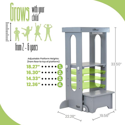 Little Partners Foldable Toddler Tower, Learning Tower Explore 'N Store Montessori Standing Kitchen Tower with Folding Step Stool Platform for Cooking and Learning, Ages 2+ (Silver Drop)